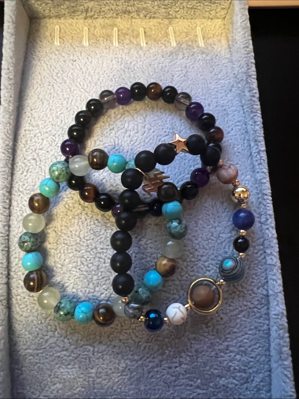 Multi-Stone Beaded Stretch Bracelet Stack - Turquoise, Black, Brown, Purple